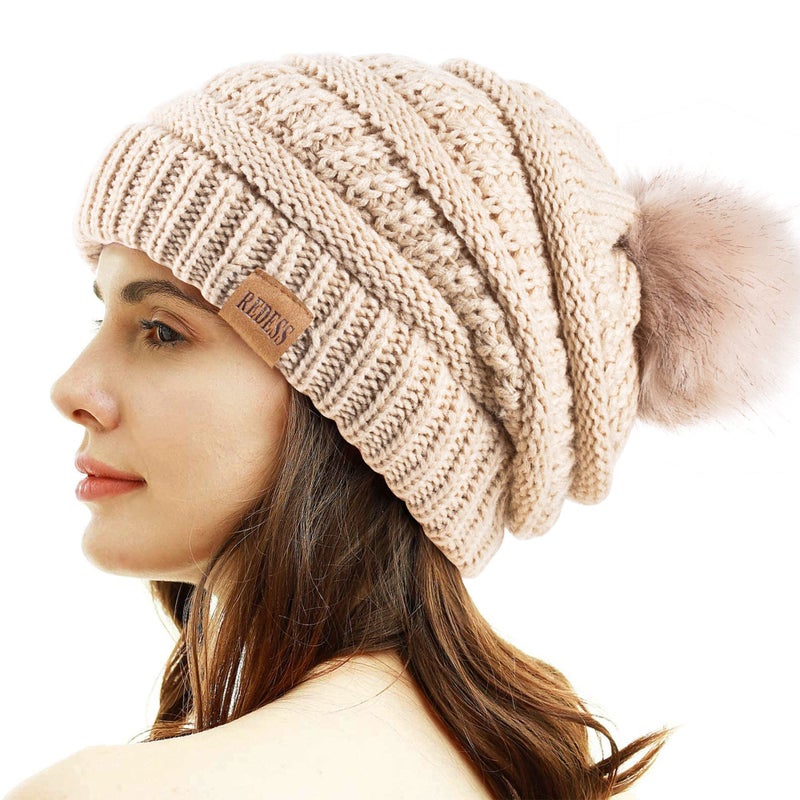 REDESS Women Winter Pom Pom Beanie Hat with Warm Fleece Lined, Oatmeal - Image 1